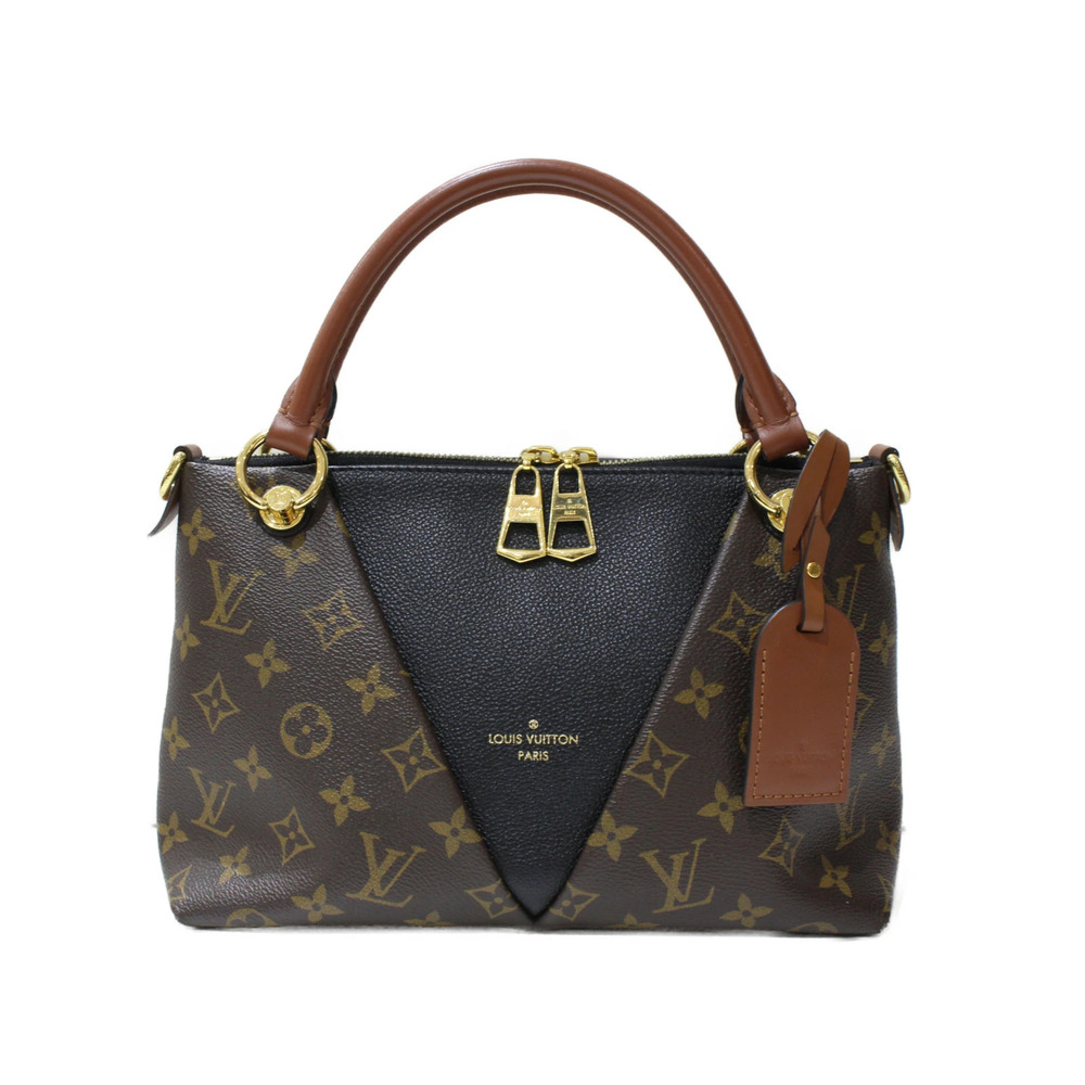 LOUIS VUITTON V Tote Handbag Monogram Brown Black Shoulder Strap